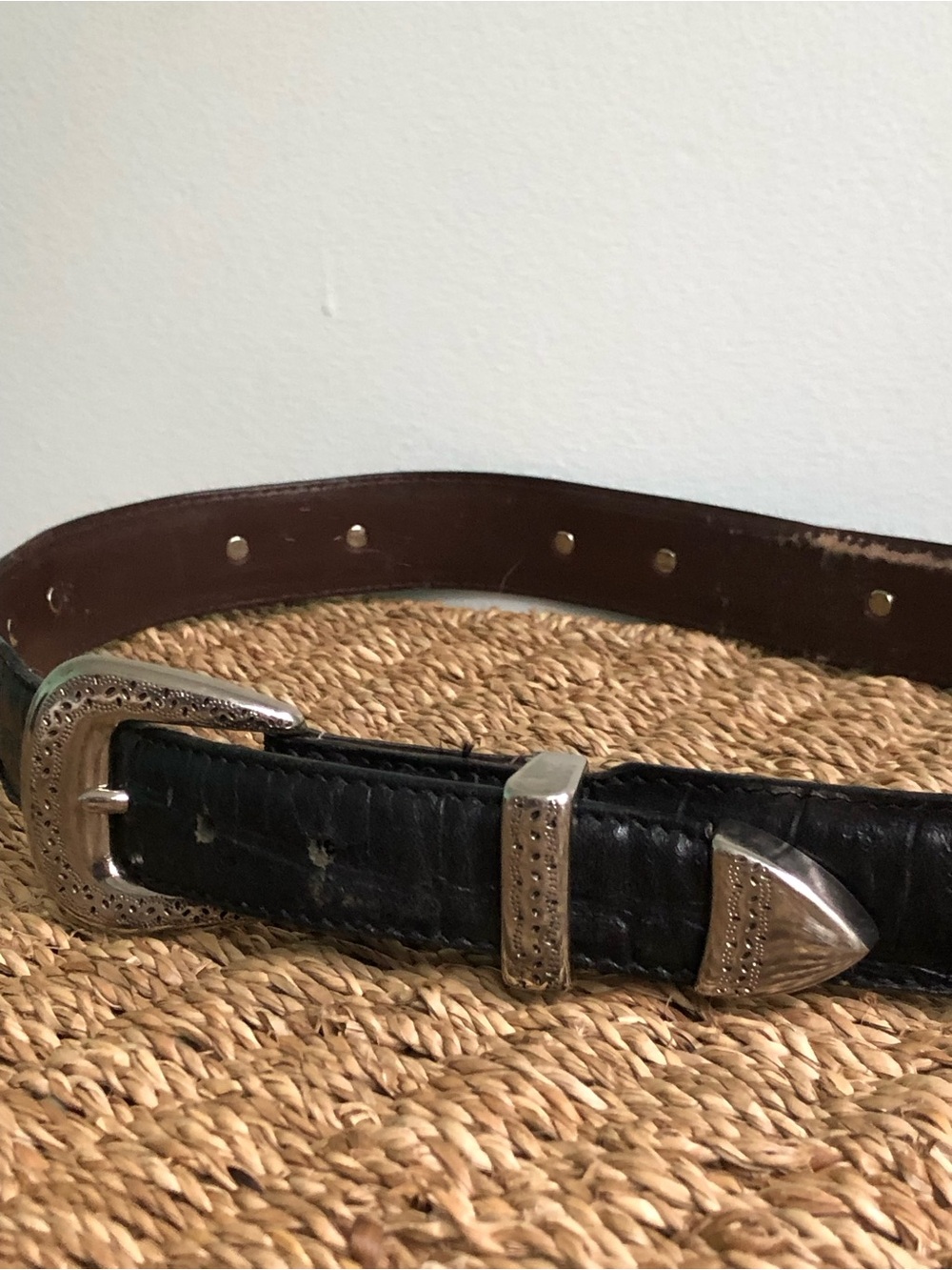 Vintage Western Black Leather Belt with Silver Buckle Rodeo Boho